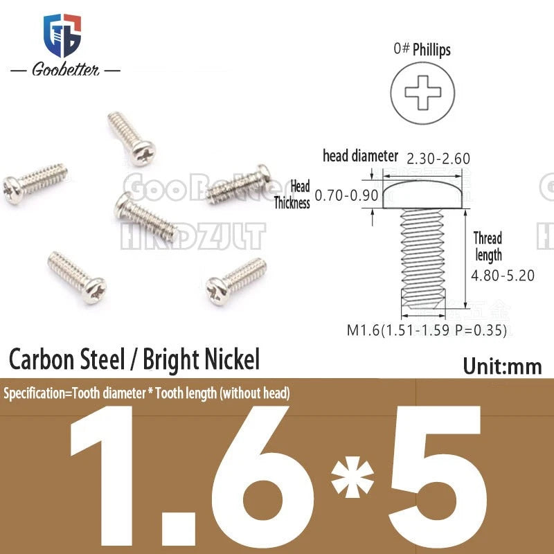 M1.6 & M1.7 Phillips Pan Round Head Machine Screws – Carbon Steel, Brass or Stainless, Lengths 1.5–22mm