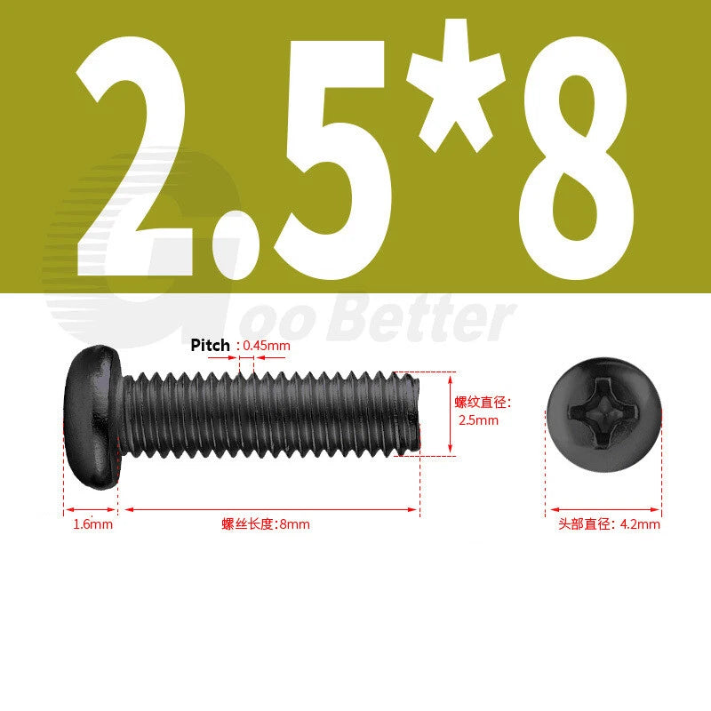 M2 M2.5 M3 M4 M5 Black Zinc Phillips Pan Head Machine Screws – Carbon Steel, 3–20mm