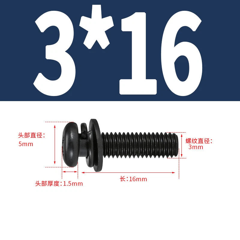 Black Zinc Pan Head Machine Screws with Washers, M2–M6 Pozi Phillips Drive