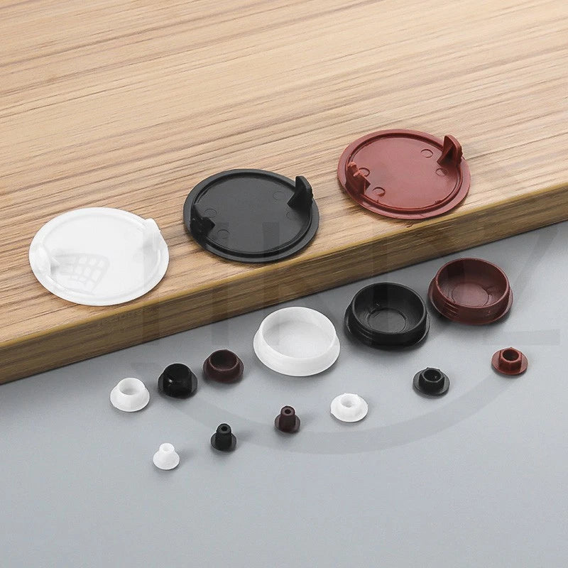 Plastic Screw Caps Covers – 5mm to 40mm Push-in Furniture Hole Plugs, Black, White and Brown