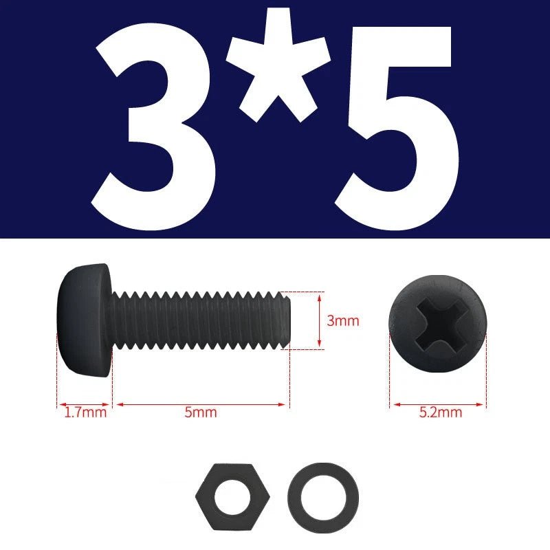 Black Nylon Phillips Machine Screws with Nuts & Washers — Metric M2 to M8 - HomeDIYer