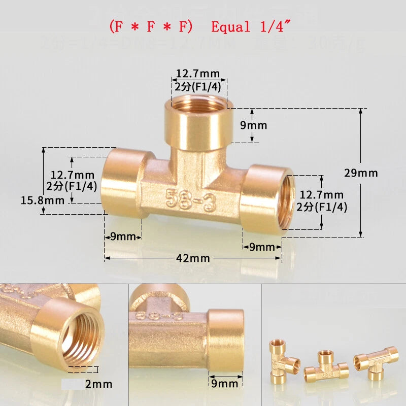 Brass Tee Pipe Fittings – NPT Thread, 1/8" to 2", M/F Configurations