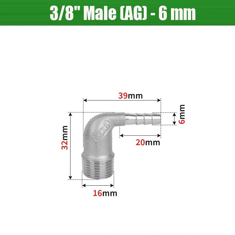 BSP Male Elbow Barbed Hose Connector — Stainless Steel, 1/8" to 1/2", 6–16mm