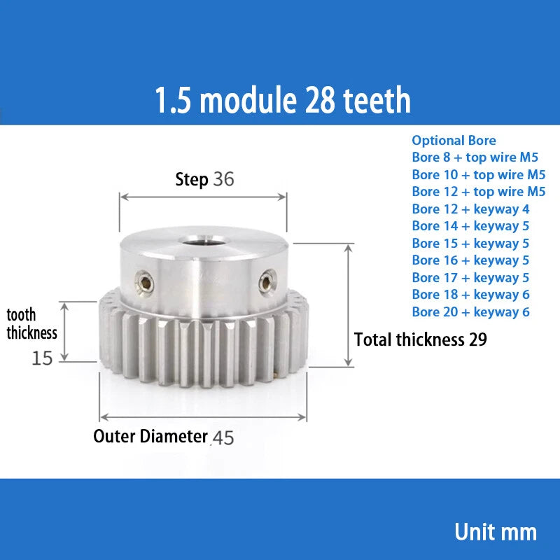 Module 1.5 Spur Gear A2 Steel 12-32 Tooth with Hub Pinion Motor Gear Bore 6-20mm