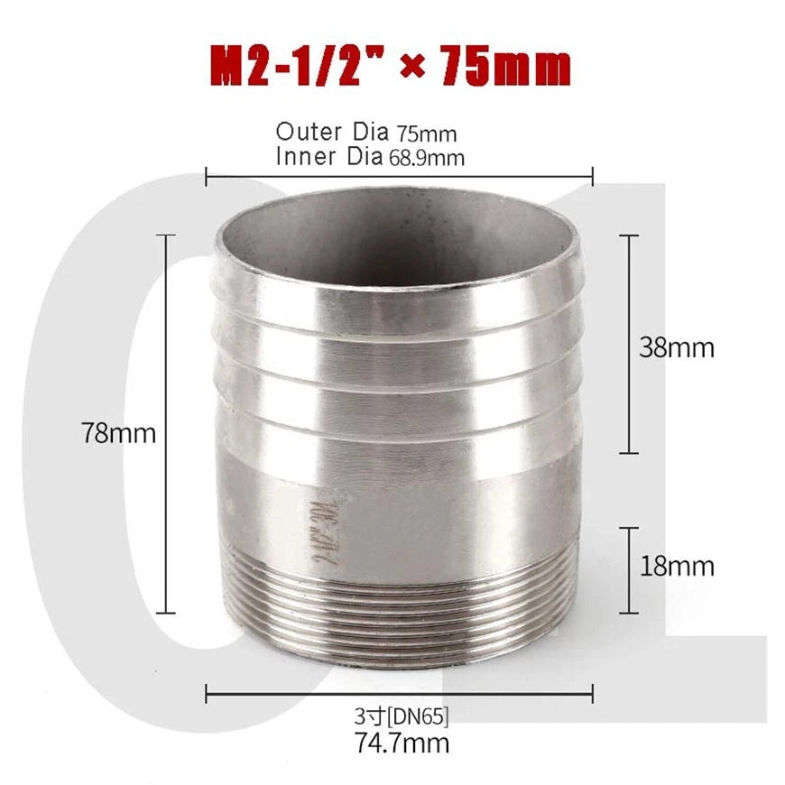 BSP Stainless Steel Barbed Hose Joiner Connector Tail — 1/8" to 4" Pipe Fitting
