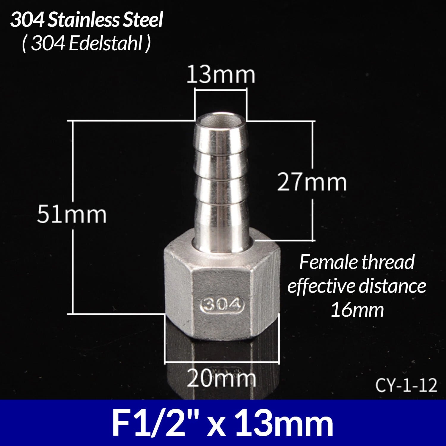1/4" to 3/4" BSP Stainless Steel Female Fitting x Barb Hose Tail End Connector