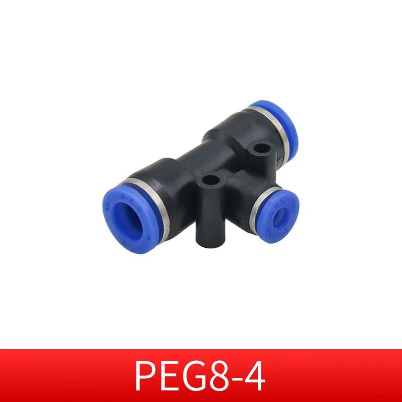 Pneumatic Push-in T-Shape 3-Way Fitting — Air Water Tube Connector PE4–PE16 & Reducing