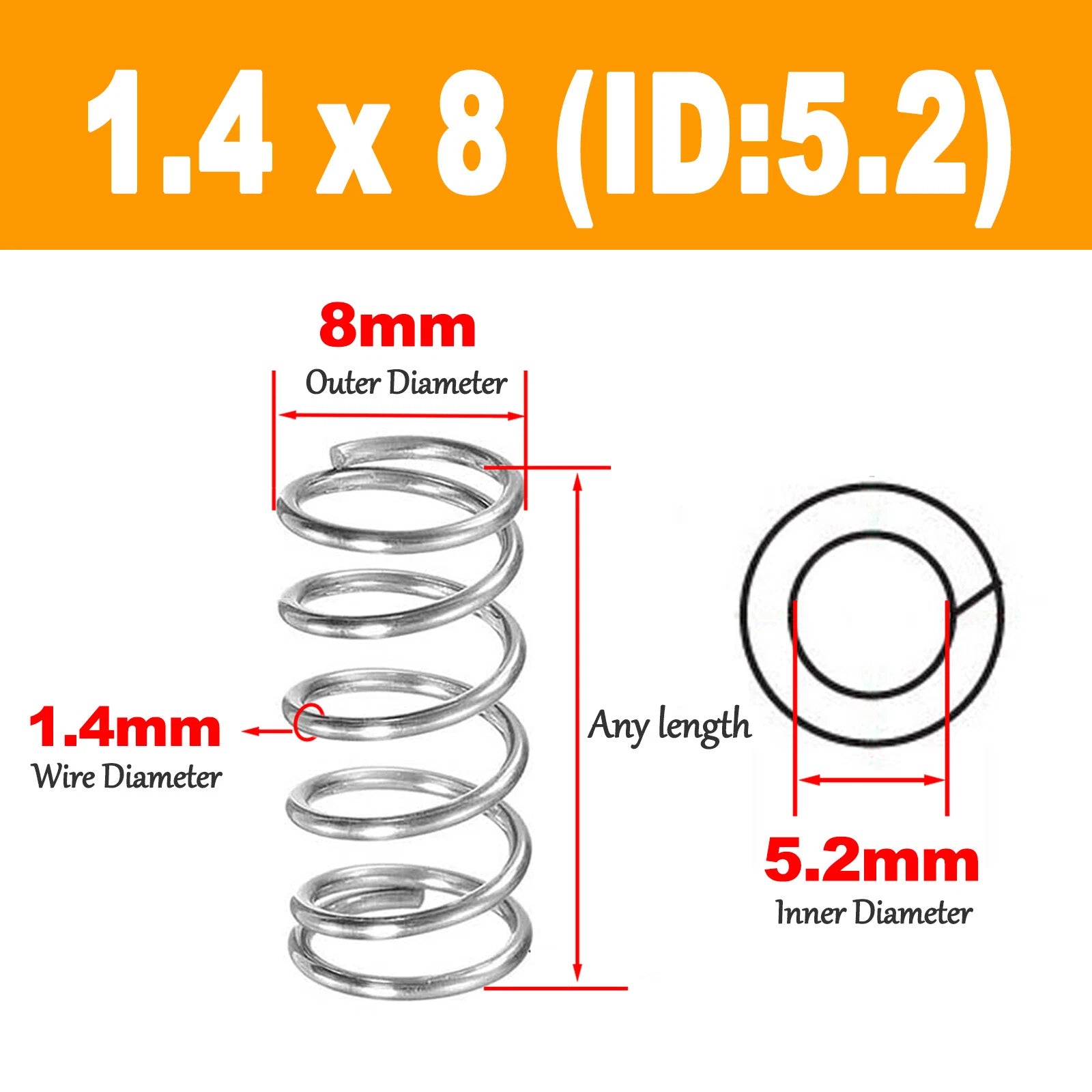 Compression Spring Pressure Spring A2 Stainles Steel Wire Dia 1.4mm Ø 8 mm-10 mm