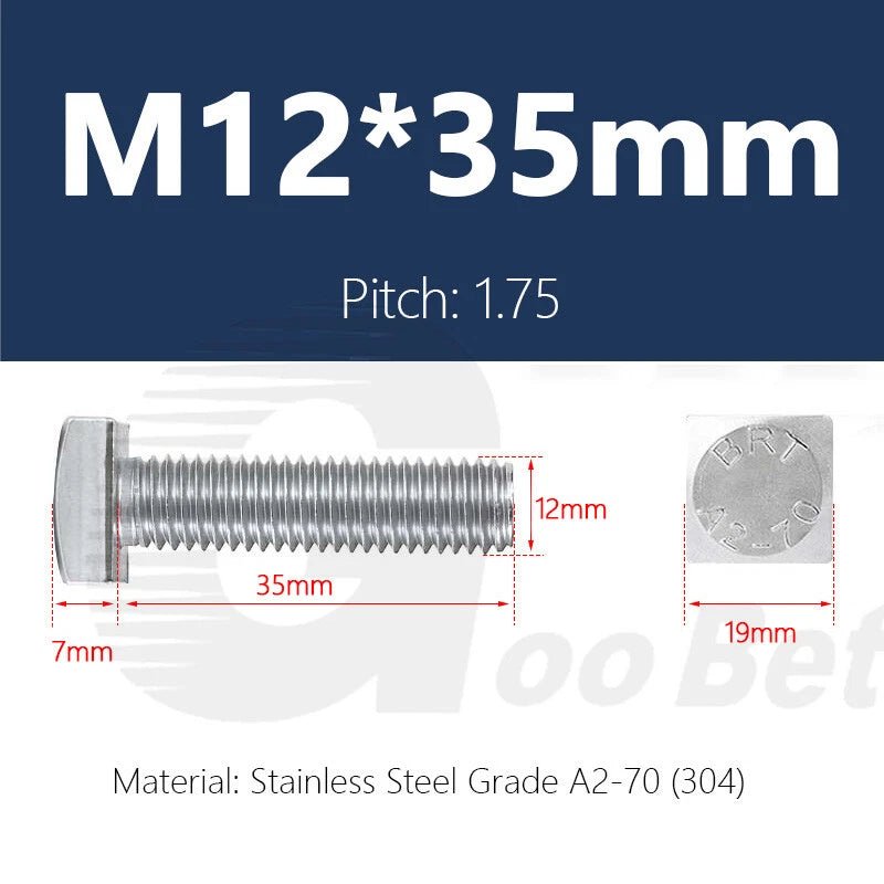 M12 T - Bolt Square Head Screws for T - Slot Aluminum Profile — Stainless Steel A2 304 - HomeDIYer