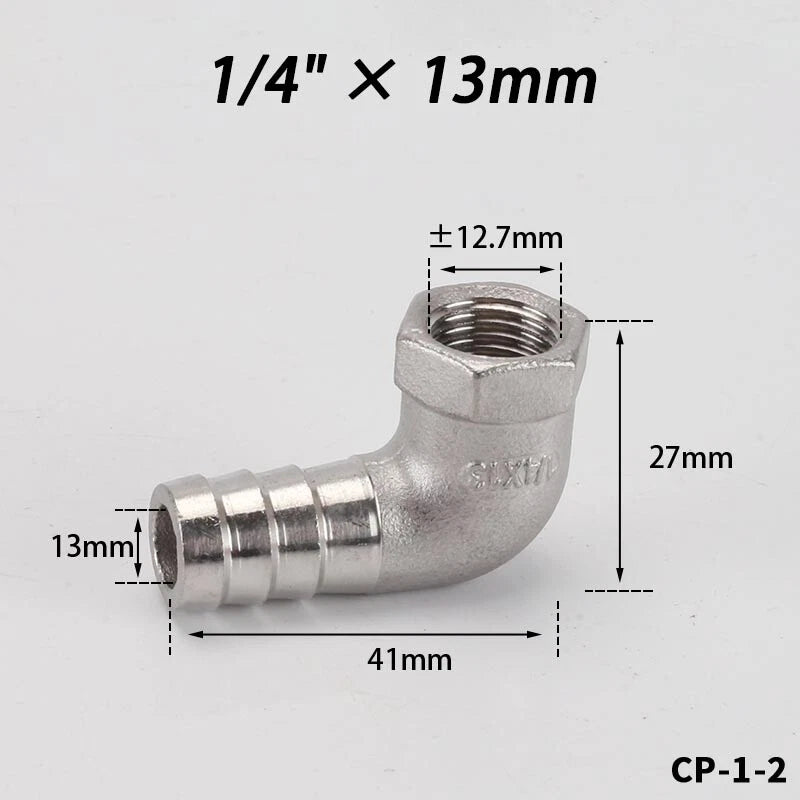 Stainless Steel Female Fitting x Barb Hose Tail End Elbow Connector 1 4" - 11 2"