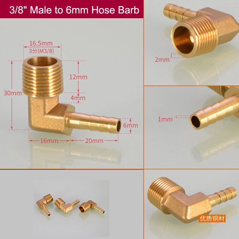 Brass Hose Barb Elbow Fittings — Male BSP to Metric Barb, 1/8" to 3/4" BSP
