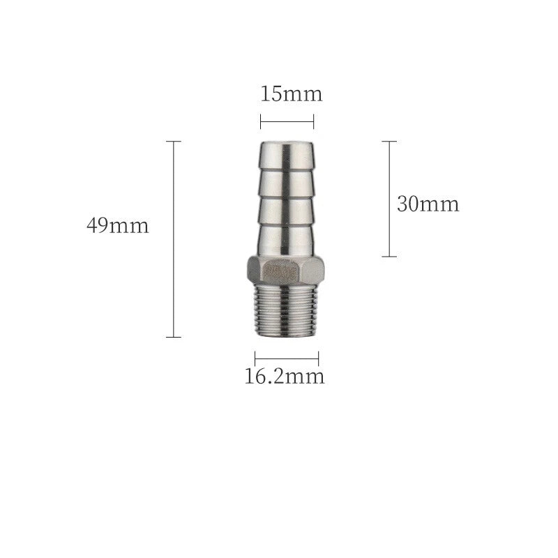 A2 Stainless Steel Straight Barb Hose Connector — Male Thread, 6mm to 20mm Tubing