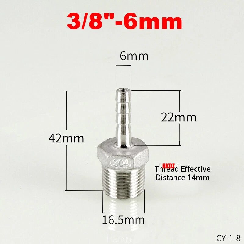 304 Stainless Steel Male Thread Barb Hose Tail Connector | 1/8" to 3/8" NPT