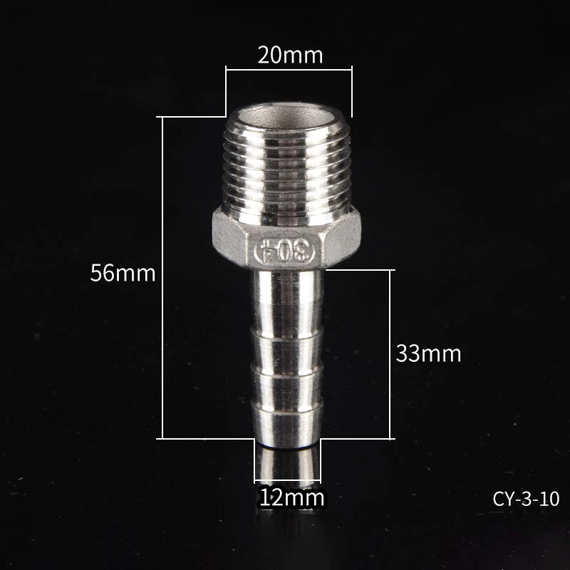 1/2" & 3/4" BSP Male Thread Hose Barb Tail Connector — Stainless Steel