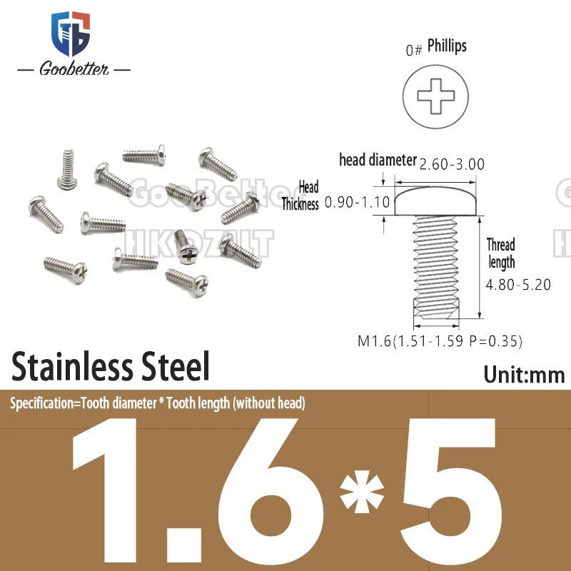 M1.6 & M1.7 Phillips Pan Round Head Machine Screws – Carbon Steel, Brass or Stainless, Lengths 1.5–22mm