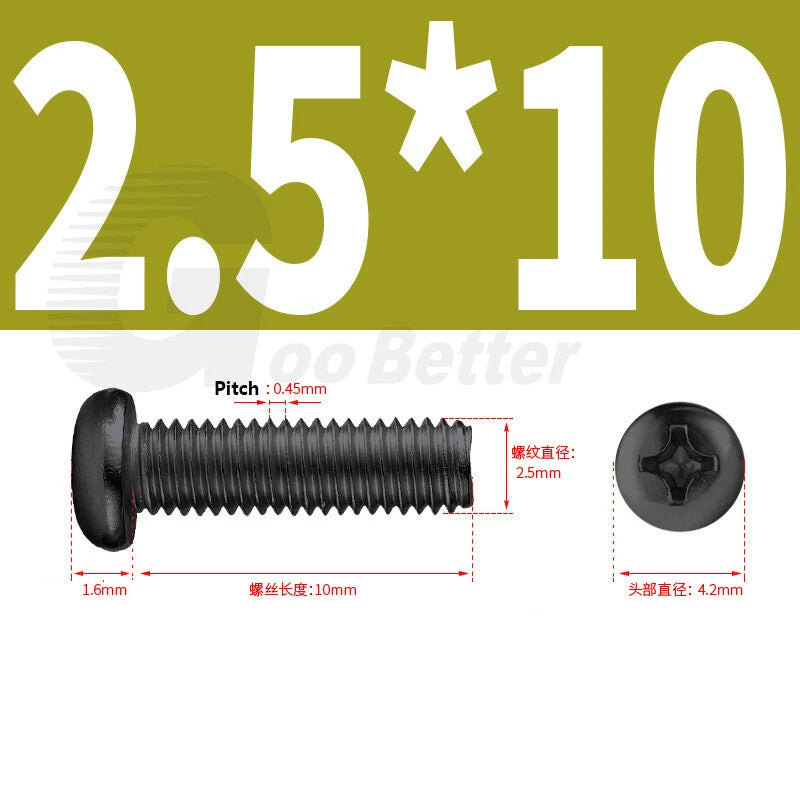 M2 M2.5 M3 M4 M5 Black Zinc Phillips Pan Head Machine Screws – Carbon Steel, 3–20mm