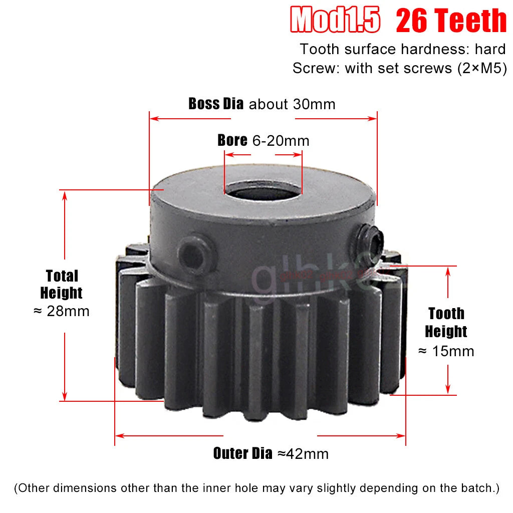Mod1.5 Steel Pinion Gear Spur Gear 12-100 Teeth 4-25mm Bore With Screw Blackened