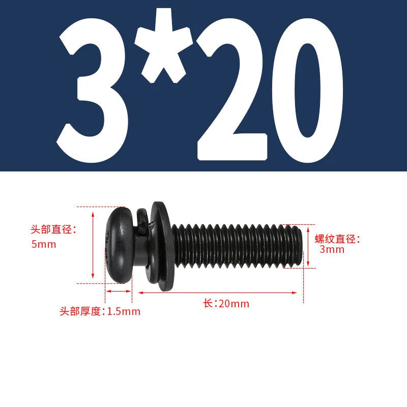 Black Zinc Pan Head Machine Screws with Washers, M2–M6 Pozi Phillips Drive