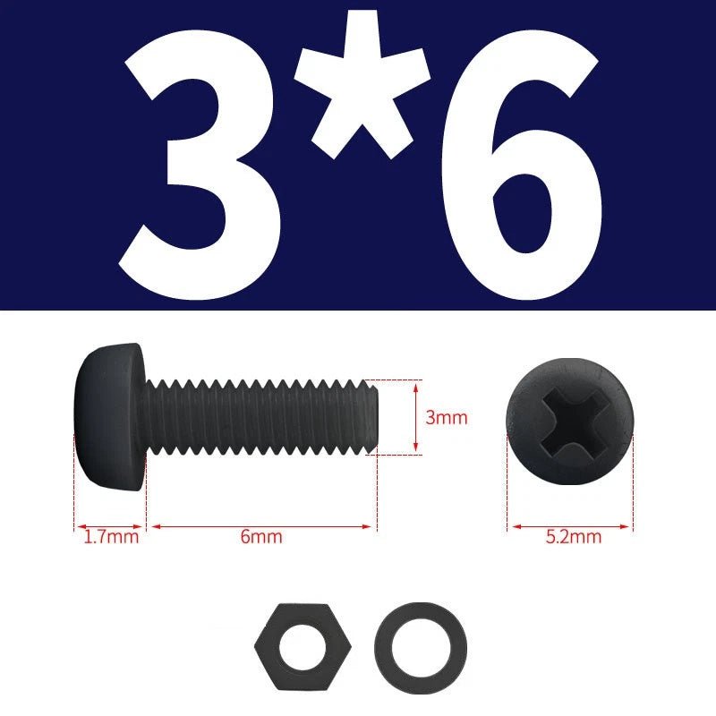 Black Nylon Phillips Machine Screws with Nuts & Washers — Metric M2 to M8 - HomeDIYer