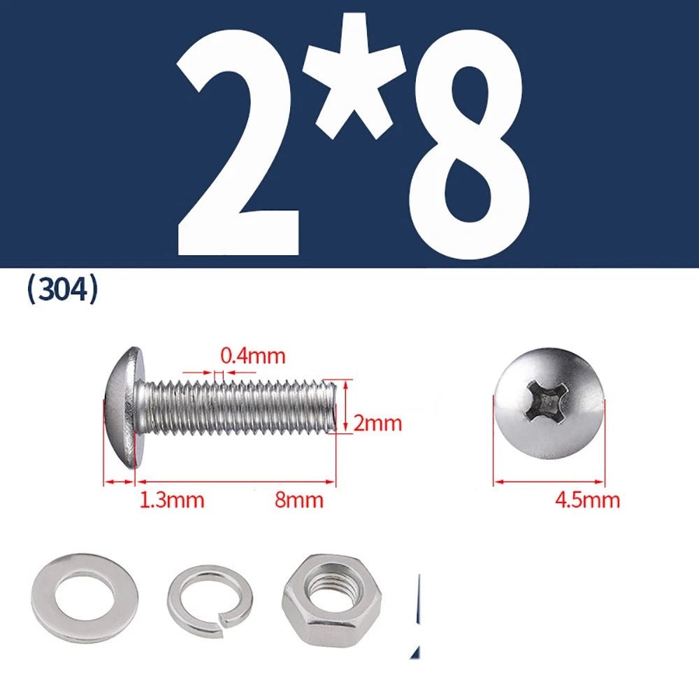 M2–M4 Phillips Truss Head Machine Screws with Hex Nuts & Washers – A2 Stainless Steel - HomeDIYer