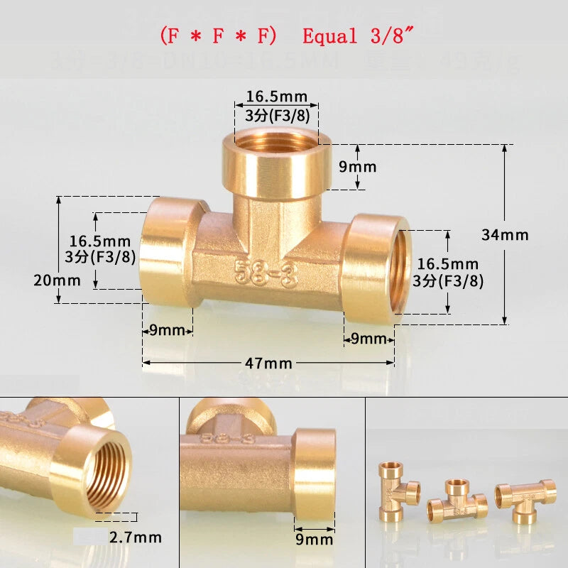 Brass Tee Pipe Fittings – NPT Thread, 1/8" to 2", M/F Configurations