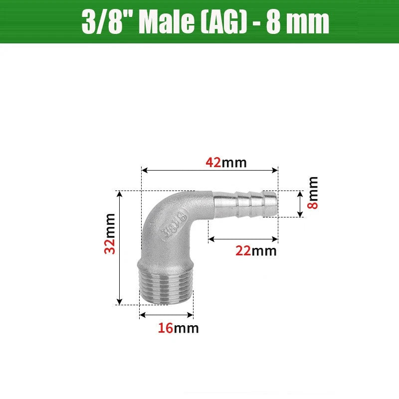 BSP Male Elbow Barbed Hose Connector — Stainless Steel, 1/8" to 1/2", 6–16mm