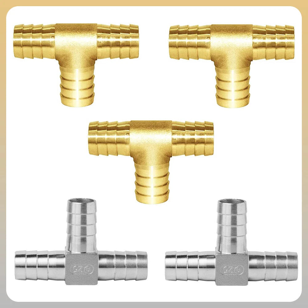 Tee Barb Hose Fitting — Brass & 304 Stainless Steel, 6mm–32mm OD