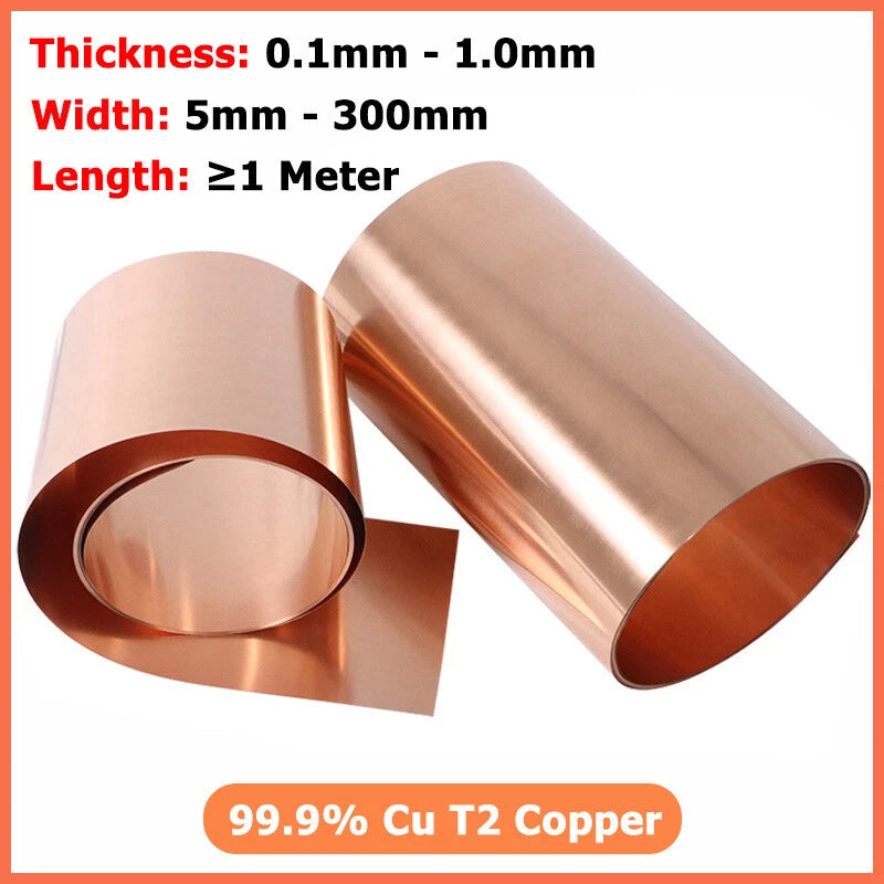 T2 Pure Copper Sheet Plate 99.9% Cu Metal Foil Roll Thick 0.1mm-1mm Length 1M