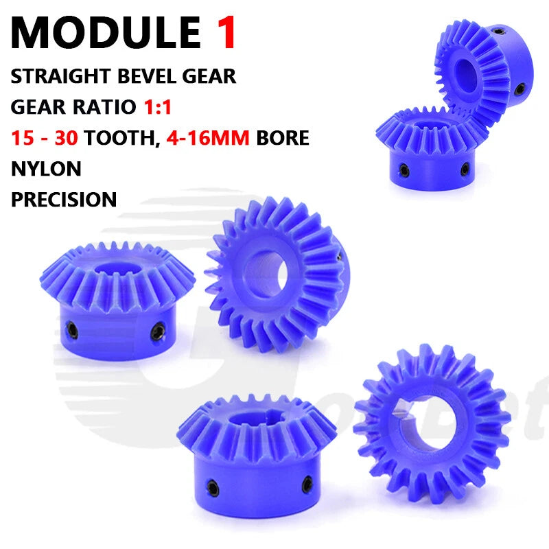 Nylon Module 1 Straight Bevel Gear 90° 1:1 Pairing 15-30 Tooth 4-16mm Bore Blue