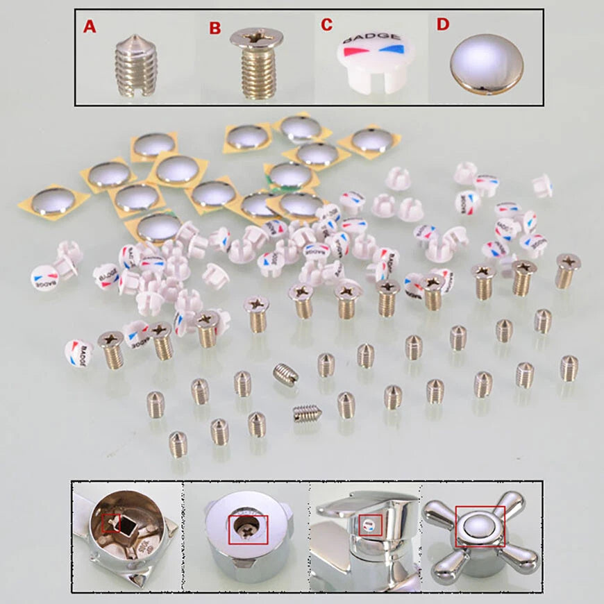 Basin Faucet Hot & Cold Indicator Screw Cover Caps – Tap Handle Head Fixing Screws (Type A/B/C/D, Plastic or Metal)