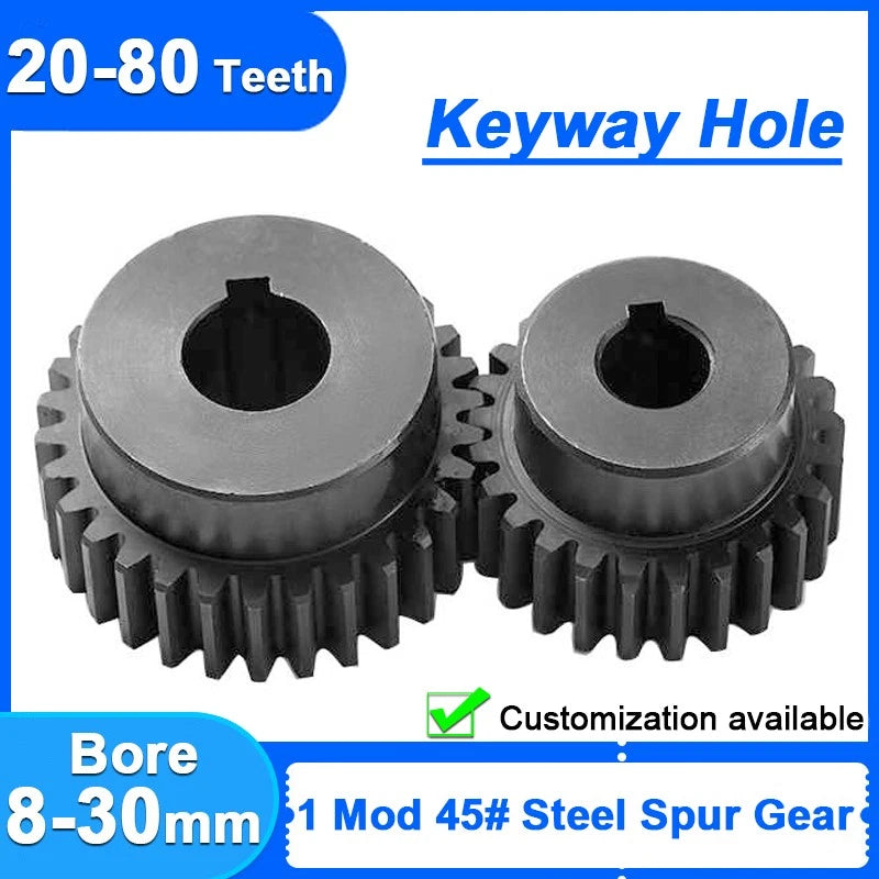 1 Module 45# Steel Spur Gear 20-80 Teeth 1M Keyway Bore Drive Gear For CNC Motor