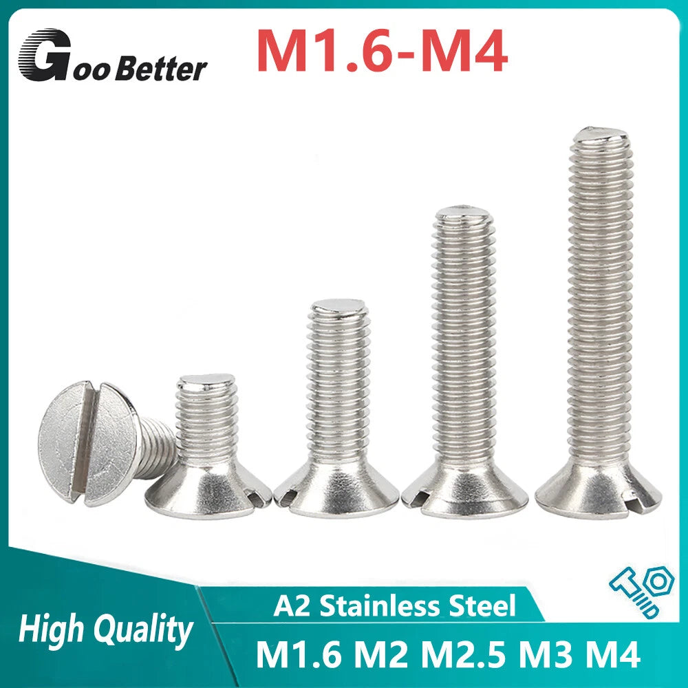 M1.6–M4 Slotted Countersunk Machine Screws – A2 Stainless Steel, Flat Head, Lengths 4mm–50mm
