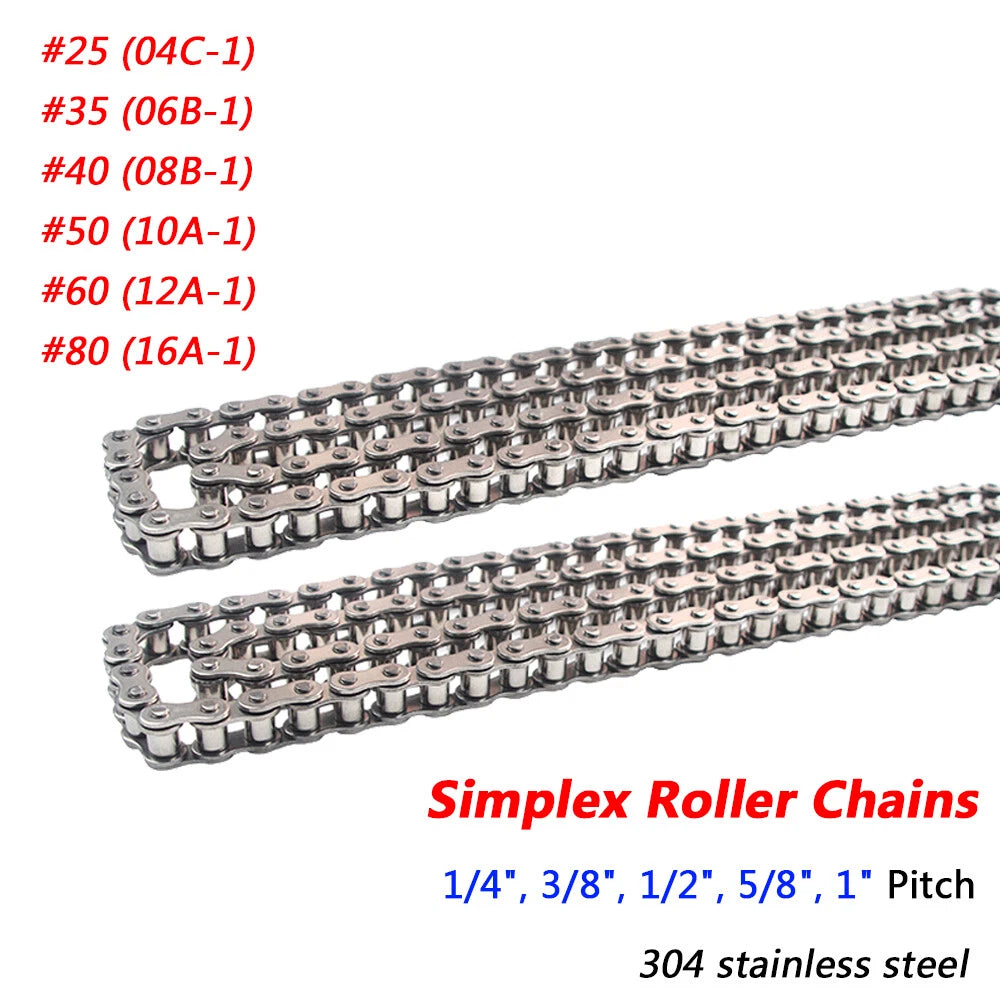 #25/35/40/50/60/80 Simplex Roller Chains 1/4" to 1" Pitch 304 A2 Stainless Steel