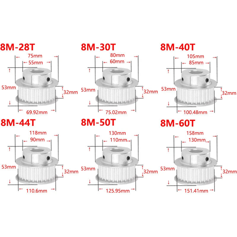 8M 28T-60T Timing Belt Pulley Synchronous Wheel Select Bore For 30mm Width Belt