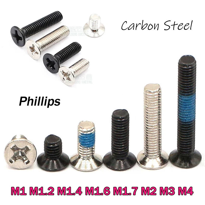 M1–M4 Phillips Countersunk Head Machine Screws – Carbon Steel, Nickel or Black Zinc, Fully Threaded