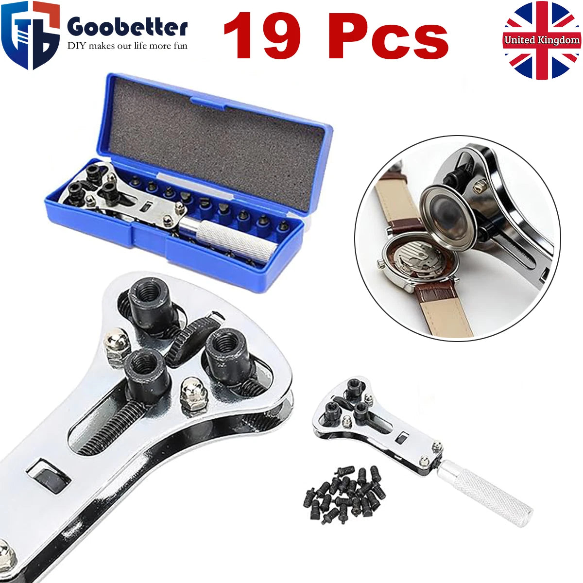 19Pcs Watch Repair Back Case Opener Wrench maker Screw Cover Remover Tool Kit UK
