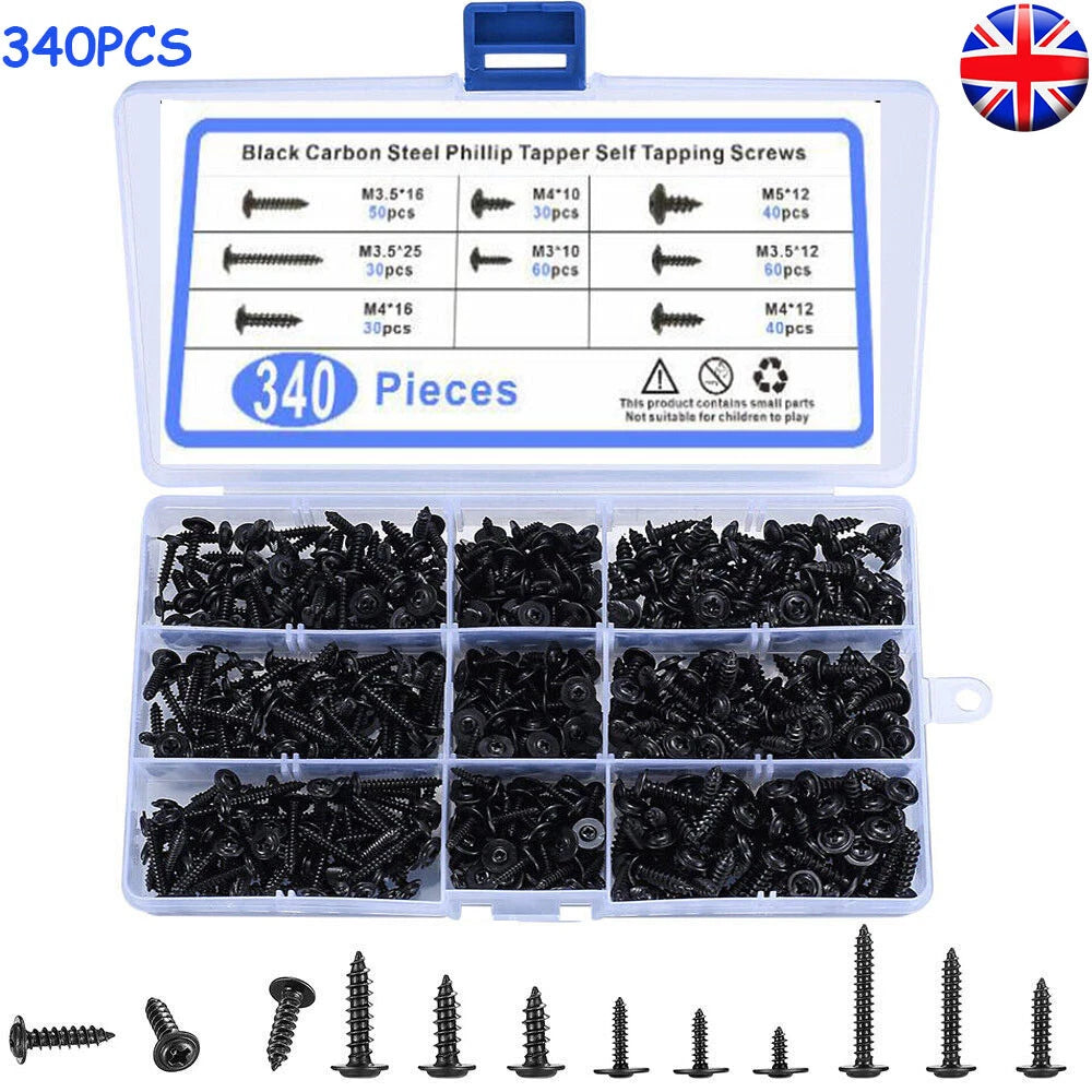 340pcs Black Modified Truss Head Self Tapping Screws Set – M3 M3.5 M4 M5