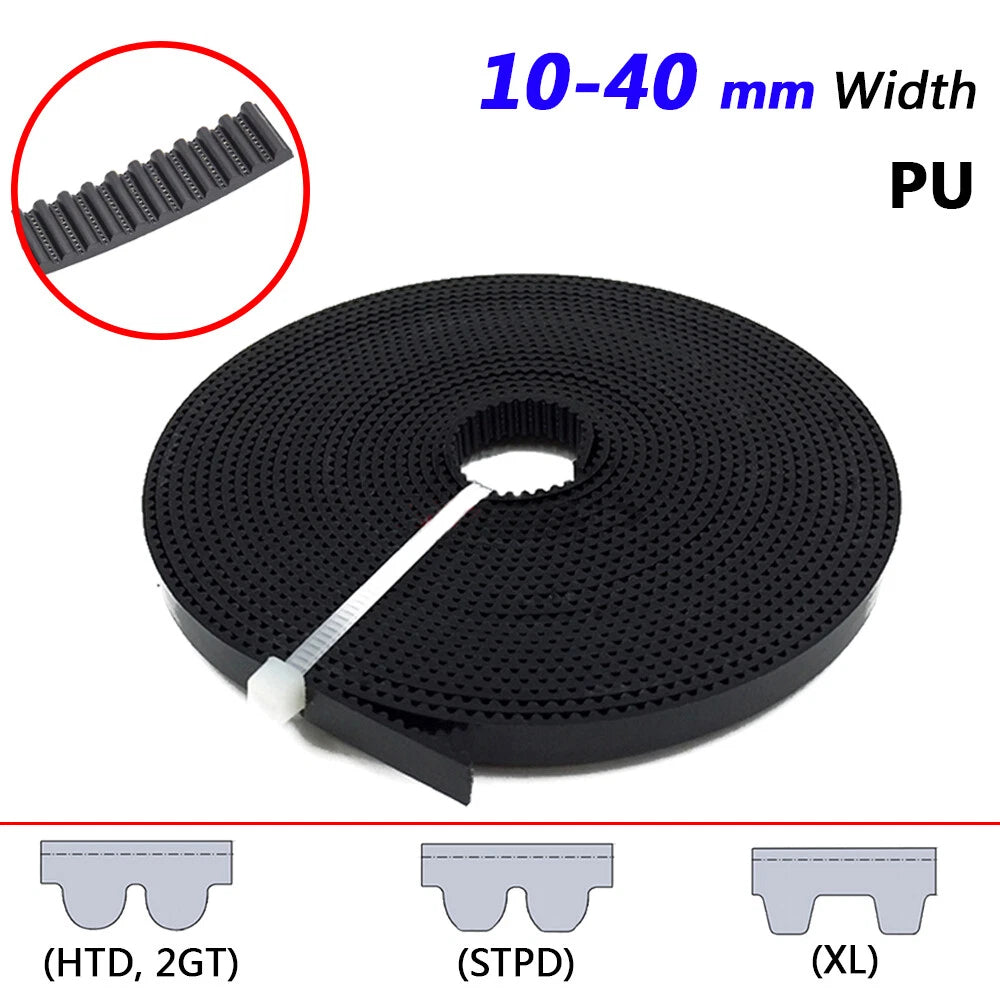 Open Timing Belt — 2GT / HTD-3M / HTD-5M / HTD-8M / STPD-S2M / XL, 6–40 mm Wide, Black, Cut to Length