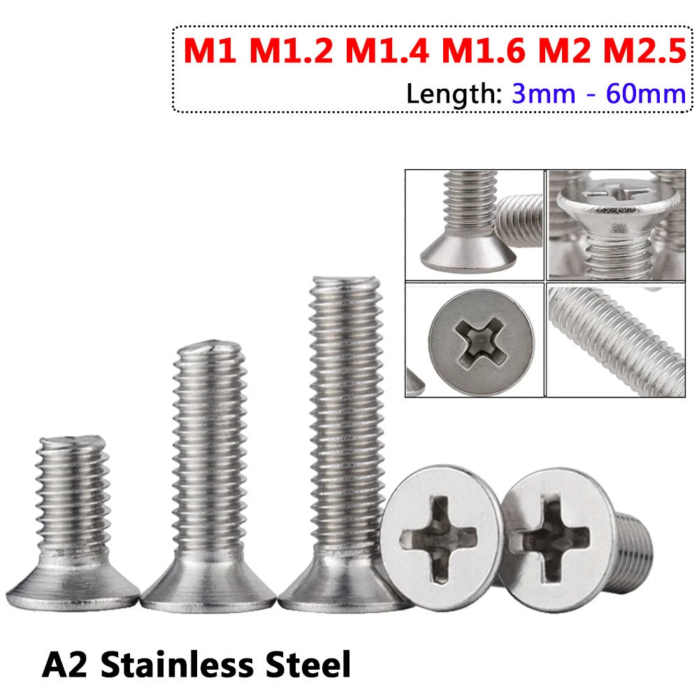 A2 Stainless Steel Phillips Countersunk Flat Head Micro Machine Screws M1 M1.2 M1.4 M1.6 M2 M2.5 GB/T 819 — 3mm to 60mm