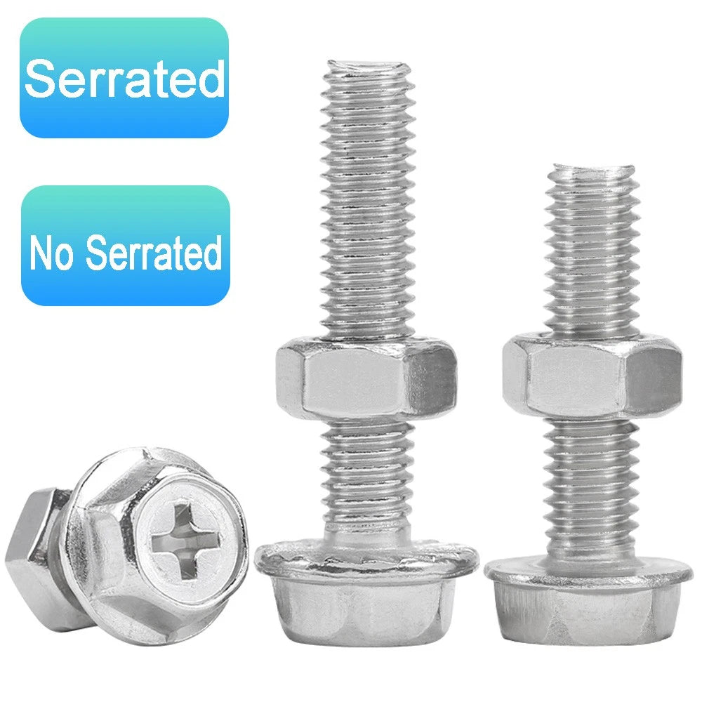 Phillips Hex Flange Bolts with Hex Nuts — Serrated & Smooth, M3–M8