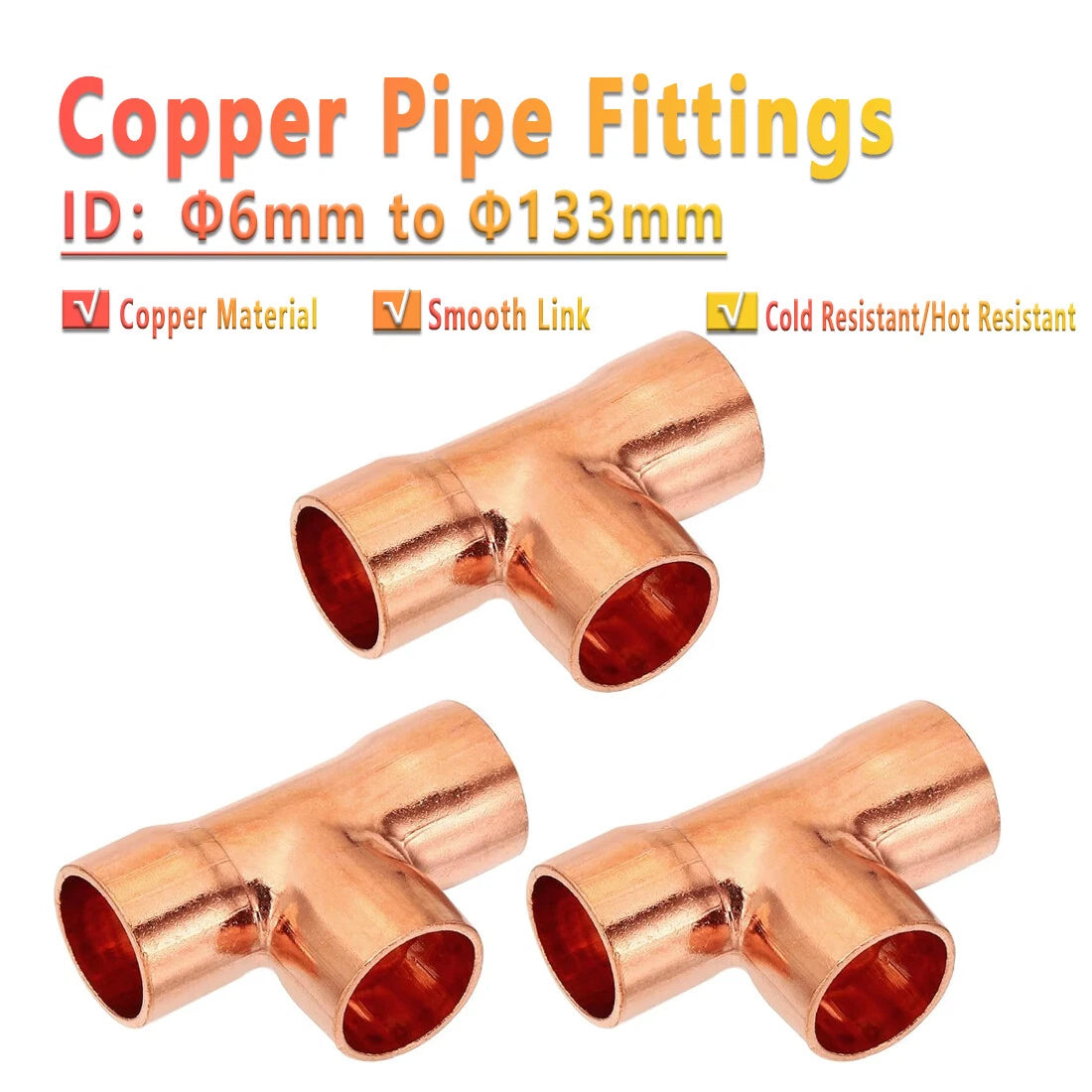 Copper End Feed Equal Tee Fitting | 3-Way Pipe Connector Φ6mm–Φ133mm