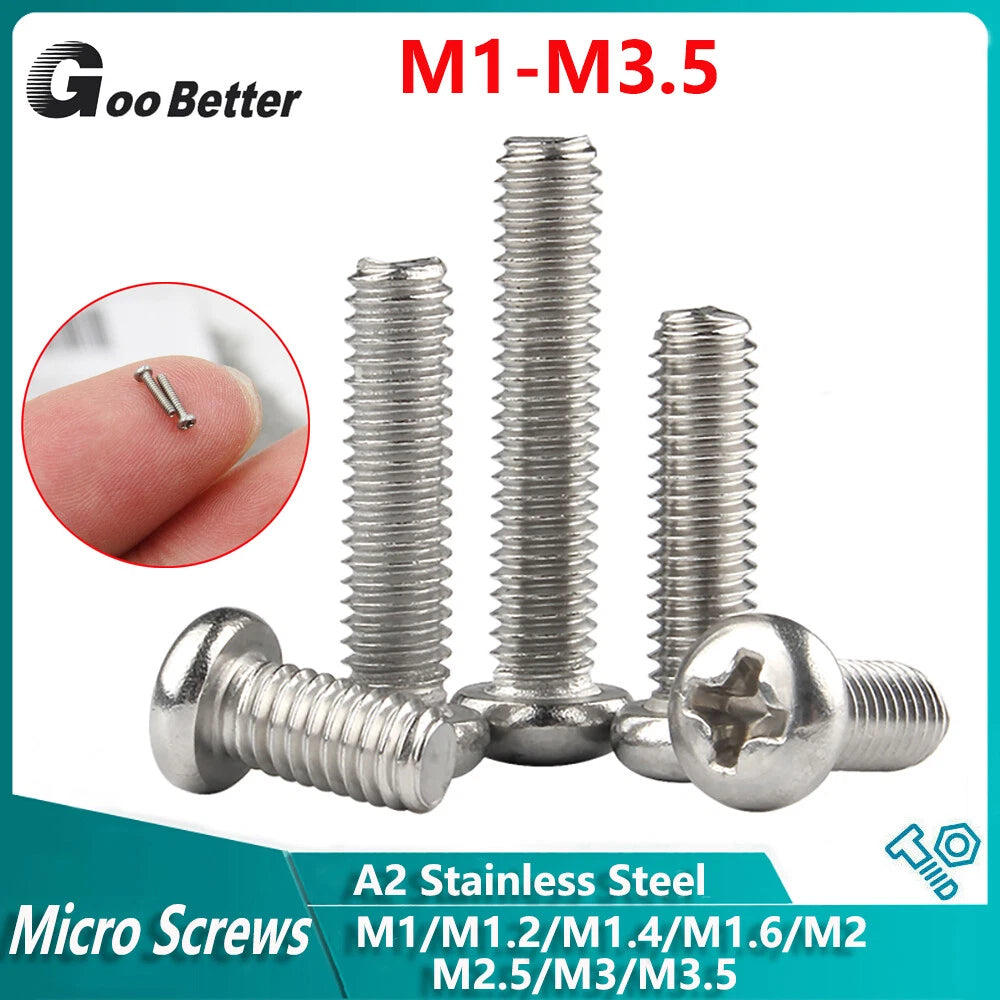 A2 Stainless Steel Pan Head Phillips Micro Machine Screws M1.0 M1.2 M1.4 M1.6 M2 M2.5 M3 M3.5 — 3mm to 120mm