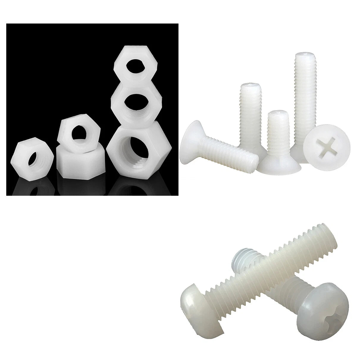 White Nylon Phillips Pan / Countersunk Head Machine Screws with Hex Nuts – M3 M4 M5 M6 M8, Non‑Conductive & Corrosion‑Free