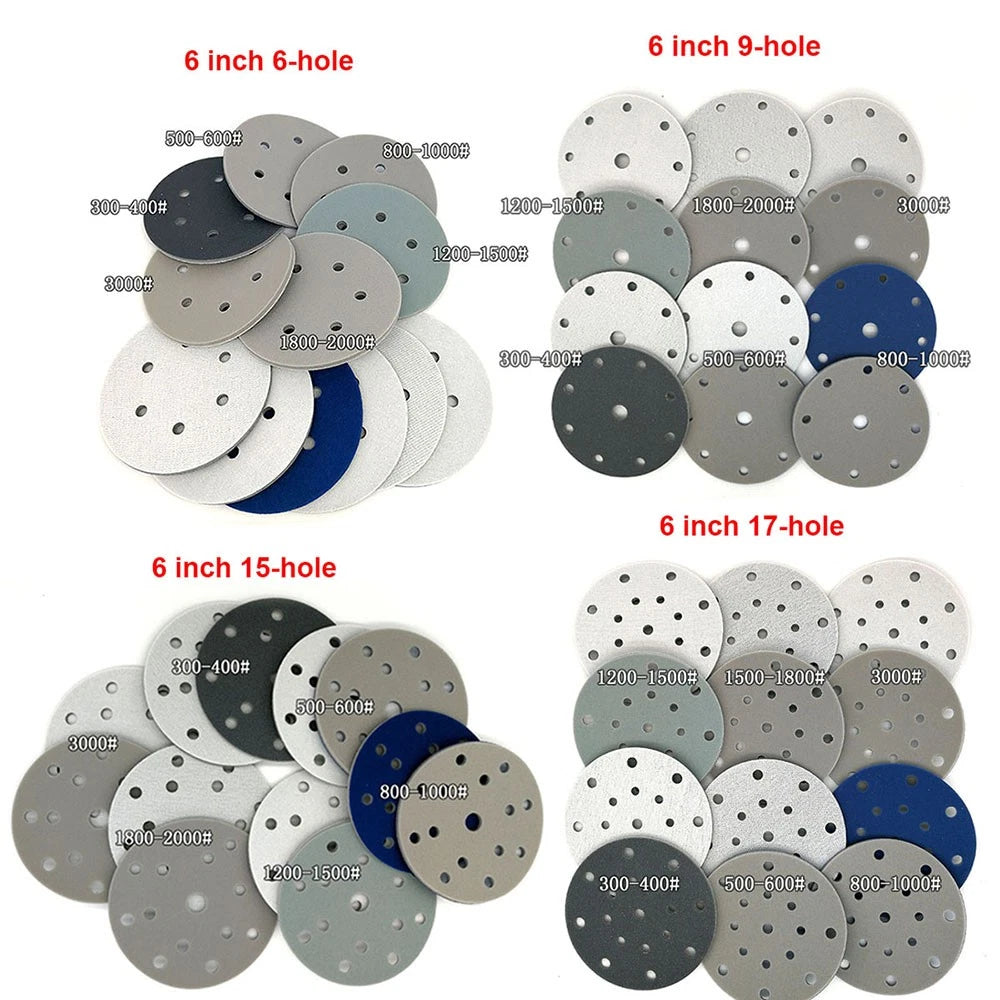6 Inch （150mm） Hook & Loop Sponge Sandpaper 6 / 9 / 15 / 17 Hole Sanding Discs