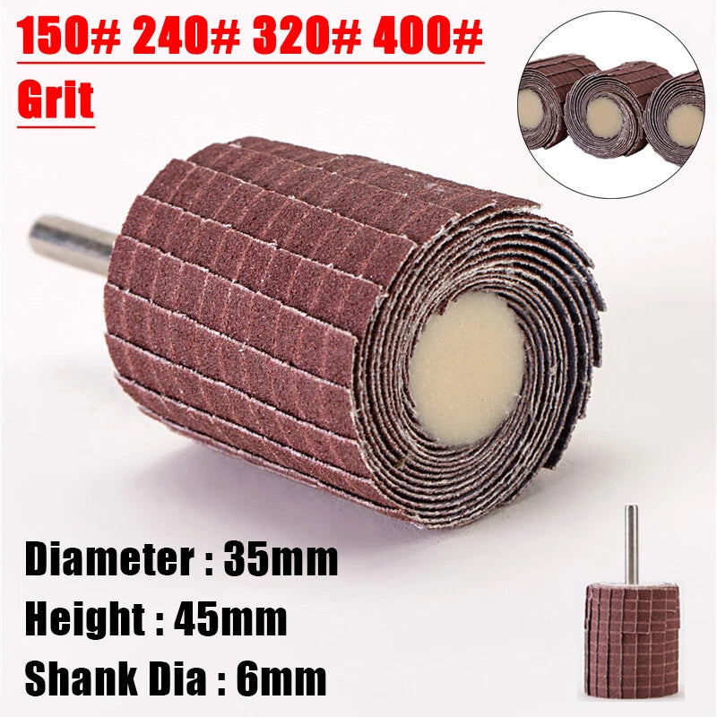 35mm Flap Wheel Disc 150-400 Grit with 6mm Mandrel – Sanding for Drill & Rotary Tool
