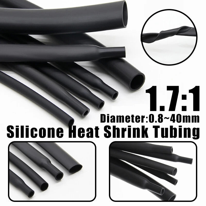 1.7:1 Silicone Heat Shrink Tubing — Black, φ0.8mm to φ40mm, 1–20m