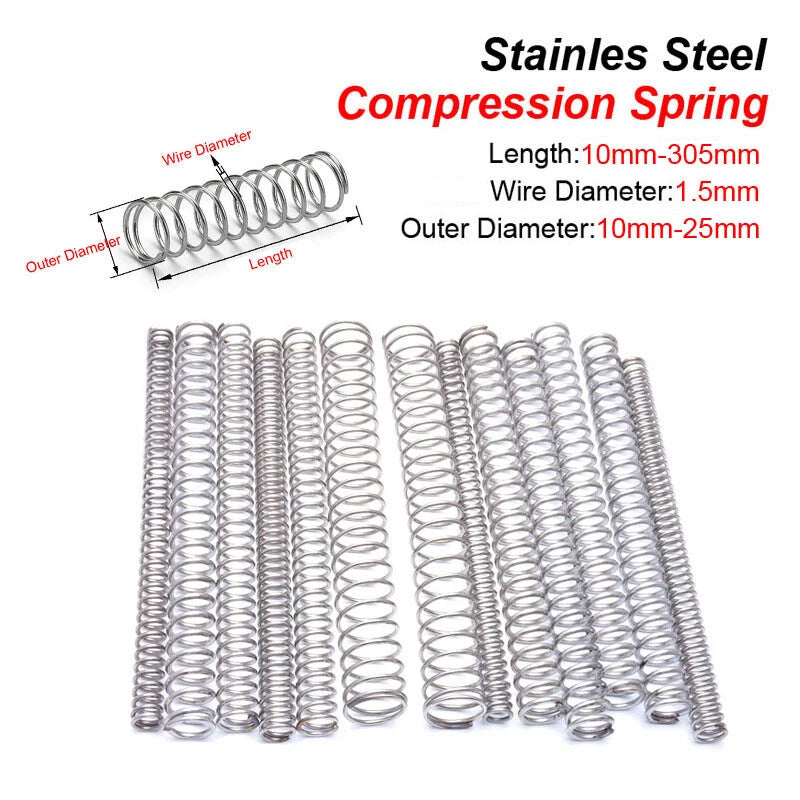 1.5mm Wire Dia Compression Spring Stainles Steel 10-25mm Diameter 10-305mm Lengt