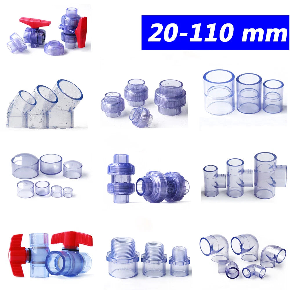 Transparent PVC-U Pipe Adhesive Fittings Tube Sleeve Elbow Tee Union Ball Valve