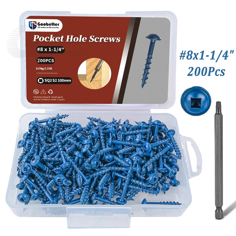 #8 Pocket Hole Screws Exterior Pocket Screw Coarse Thread Square Drive Washer Head Blue Coated With 100MM Drive Bit