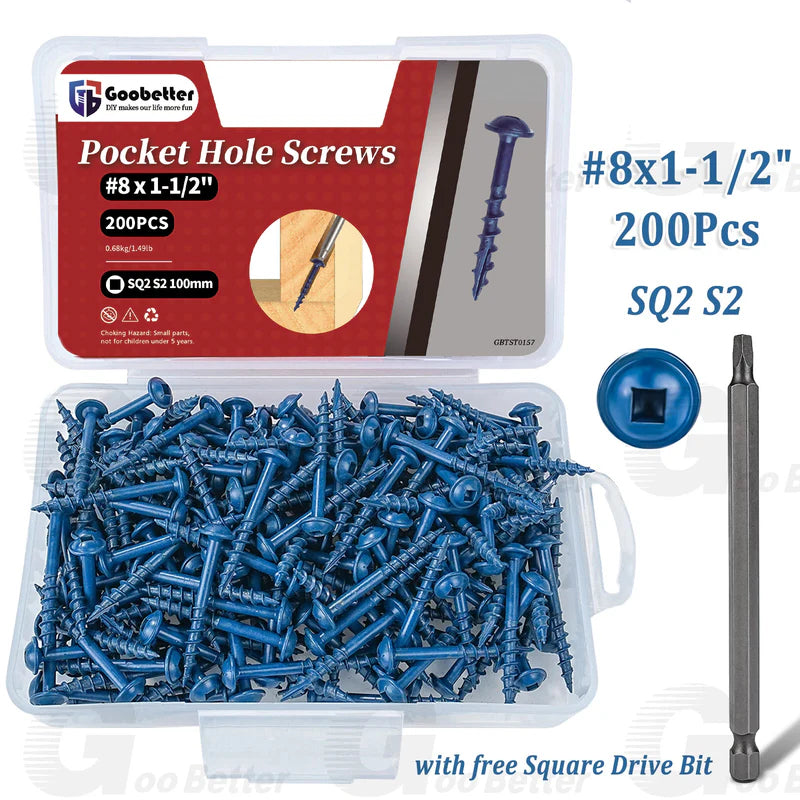#8 Pocket Hole Screws Exterior Pocket Screw Coarse Thread Square Drive Washer Head Blue Coated With 100MM Drive Bit